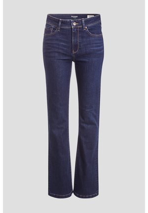 Jeans en denim bleu foncé avec un design à jambes évasées, dotés d'une fermeture éclair, d'un bouton de fermeture et de coutures contrastées le long des coutures.