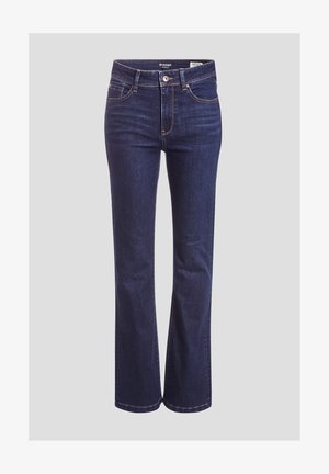 Jeans en denim bleu foncé avec un design à jambes évasées, dotés d'une fermeture éclair, d'un bouton de fermeture et de coutures contrastées le long des coutures.