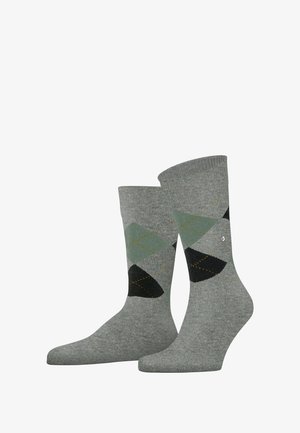 Paar graue Kniestrümpfe mit grünem, schwarzem und grauem Argyle-Rautenmuster sowie dünnen orangefarbenen Diagonalstreifen.