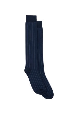 Coppia di calzini blu navy al ginocchio con sottili righe verticali azzurre e punte e polsini rinforzati.