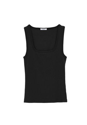 Sort ribbet tanktop med brede skulderstropper og firkantet halsudskæring, vist på en hvid baggrund.