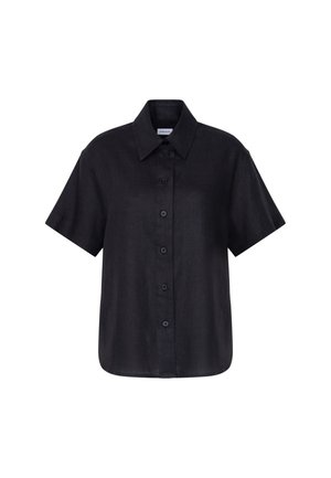 Chemise noire à manches courtes avec boutons, col classique et six boutons sur le devant, présentée sur fond blanc.