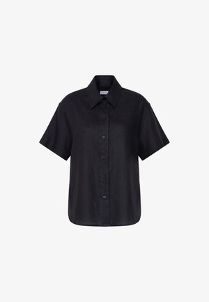 Chemise noire à manches courtes avec boutons, col classique et six boutons sur le devant, présentée sur fond blanc.