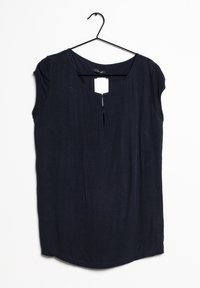 Marineblaue kurzärmelige Bluse mit rundem Ausschnitt, vorderer Schlüssellochdetails und einem weichen, leichten Stoff. Der Saum ist leicht gewölbt.