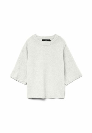 Pull léger gris clair à manches courtes, fabriqué en matériau tricoté doux. Il présente un col rond et un détail côtelé aux manches et à l'ourlet.