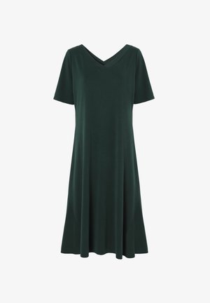 Temno zelena, kratka obleka s V-izrezom, izdelana iz mehke tkanine. Ima rahel kroj in stranske žepke. Preprost in klasičen dizajn.