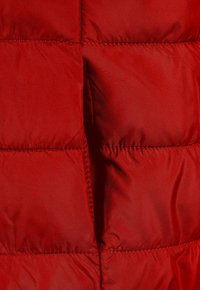 Doudoune rouge avec une texture lisse, comportant des sections matelassées rectangulaires et des coutures subtiles le long des seams.