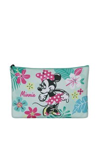 Zipperowa saszetka z miętowym tłem, kwiatowymi wzorami i czarną postacią w różowej sukience w kropki. Tekst brzmi „Minnie.”