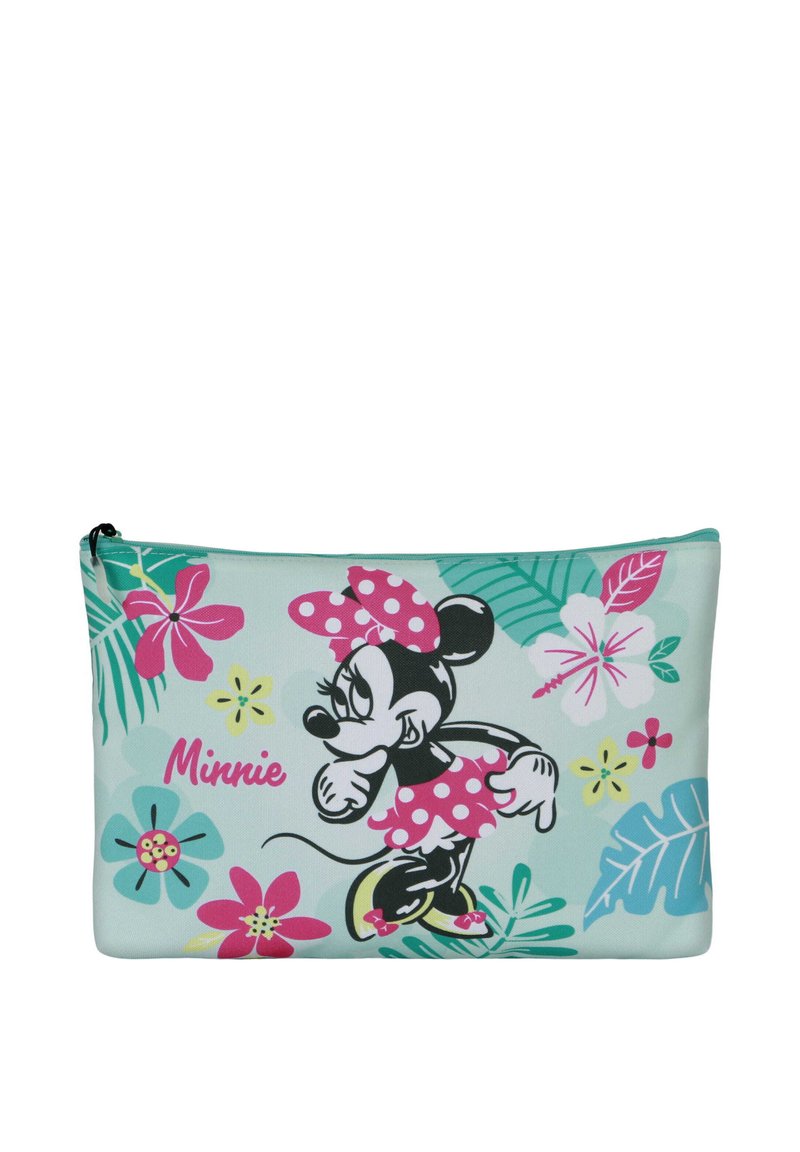 Zipperowa saszetka z miętowym tłem, kwiatowymi wzorami i czarną postacią w różowej sukience w kropki. Tekst brzmi „Minnie.”