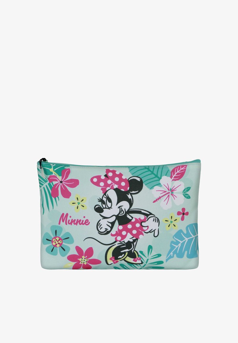 Pochette zippée avec un fond menthe, des motifs floraux et un personnage noir portant une robe à pois roses. Le texte lit "Minnie."