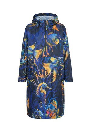 Marineblå hættetrøje med frontlynlås og livligt akvatisk design med søheste, englefisk og koraller i nuancer af blå, orange og gul.