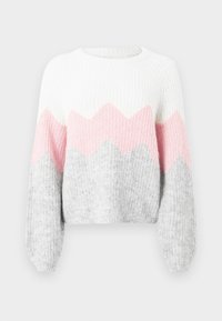 Adītas džemperis ar baltu, rozā un pelēku zigzaga rakstu. Ar garām piedurknēm, ribota tekstūra un apaļa izgriezne. Mīksta adījuma materiāls.