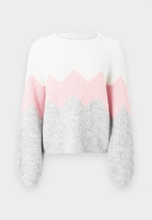 Gehäkelter Pullover mit weißem, rosa und grauem Zickzackmuster. Verfügt über lange Ärmel, gerippte Textur und runden Ausschnitt. Aus weichem Strickmaterial.