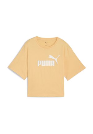 Puma short-sleeve t-shirt in soft yellow cotton, featuring a white logo print across the front, with a relaxed fit and wide sleeves.