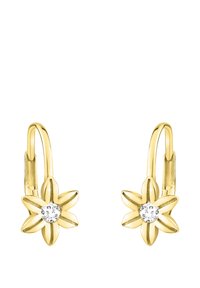 Orecchini a forma di fiore in oro con una pietra centrale trasparente, caratterizzati da un design ad anello e una texture liscia e lucida.
