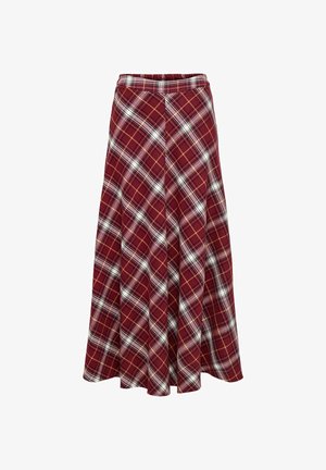 Rutigt maxikjol i burgundy, med vita och gula detaljer. Tillverkad av mjukt tyg med en utsvängd design och midjeband.
