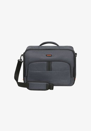 Borsa per laptop in tessuto morbido grigio scuro con tasca frontale con cerniera, tracolla nera regolabile e maniglia superiore per il trasporto.