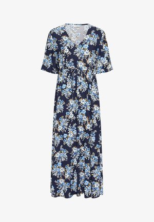 Ziedu maksi kleita jūras zila audumā ar ziliem un baltajiem ziedu rakstiem, īsām piedurknēm un V-veida dekoltē, ar izceltu vidukli.