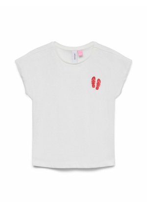 White short-sleeve T-shirt with round neckline and small red flip-flop print on the left chest area.
