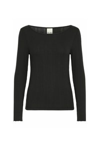 Black long-sleeve top made of ribbed fabric, featuring a wide scoop neckline and a fitted silhouette with textured detailing along the material.