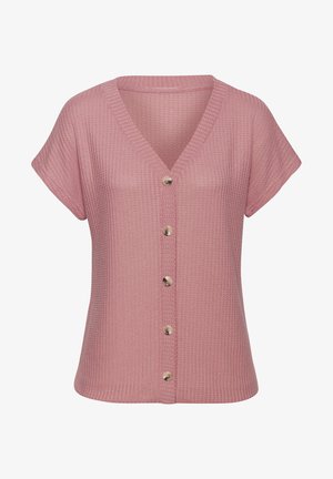 Rosa, kurzärmliges Strickoberteil mit V-Ausschnitt und strukturiertem Muster sowie fünf metallischen Knöpfen auf der Vorderseite.
