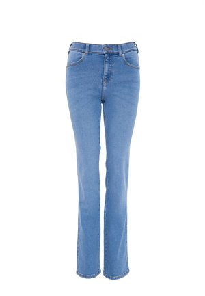 Hellblaue Jeans aus Denim mit gerader Beinführung, hohem Bund und Fünf-Taschen-Design. Mit Reißverschluss und subtilen Steppnähten.