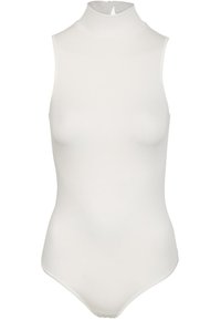 Weißer ärmelloser Body mit hohem Kragen und glatter Textur. Verfügt über einen Rückenverschluss und eine figurbetonte Silhouette.