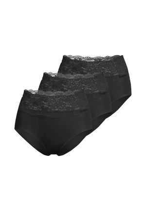 Tre slip da donna neri a vita alta con ampie fasce in pizzo floreale nella parte superiore, disposti in fila sfalsata su sfondo bianco.