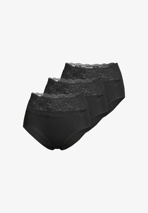 Drei schwarze Damen-Slips mit hohem Bund und breiten floralen Spitzenbändern an der Oberseite, versetzt in einer Reihe auf weißem Hintergrund angeordnet.