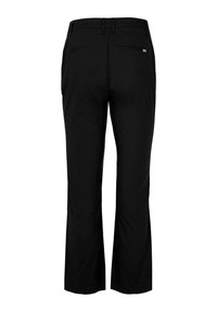 Pantaloni neri con design a gamba dritta, caratterizzati da una texture liscia, due tasche posteriori e un piccolo dettaglio con logo sulla cintura.