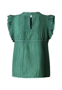 Zelena bluza brez rokavov z nabranimi rameni, navpičnimi pliseji, zapiranjem na hrbtni strani z gumbom in drobnim čipkastim robom na ovratniku in pasu.