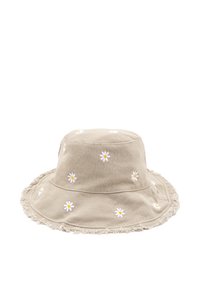 Beige katoenen bucket hat met een rafelige rand en witte madeliefjes borduursels. Ronde kroon met een ontspannen vorm, geschikt voor casual draag.