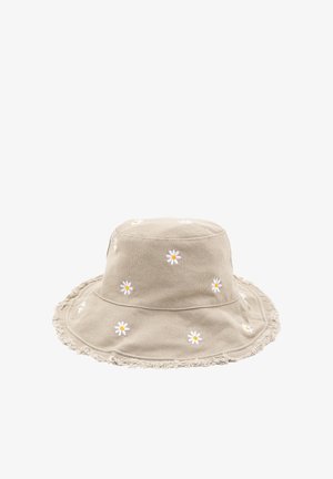 Beige katoenen bucket hat met een rafelige rand en witte madeliefjes borduursels. Ronde kroon met een ontspannen vorm, geschikt voor casual draag.
