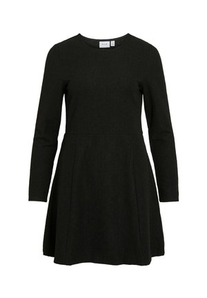 Crna haljina s dugim rukavima, okruglim izrezom i raširenim suknjom. Tekstuirana tkanina s bočnim šavovima. Oznaka vidljiva unutar izreza.