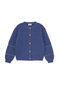 Blå strikket cardigan med kurvmønster, rund halsutringning, og fem treknapper. Har puffermer med gyldne detaljer.