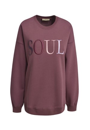 Mauve Crewneck-Sweatshirt mit gerippten Bündchen und Saum, auf dem "SOUL" in verschiedenen Schattierungen von Lila und Rosa auf der Brust gestickt ist.