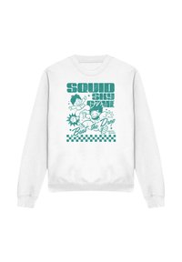 White sweatshirt featuring playful teal graphics with children, stars, and text: "SQU1D SK1Y GYM" and "Beat the Drop." Checkerboard pattern at bottom.