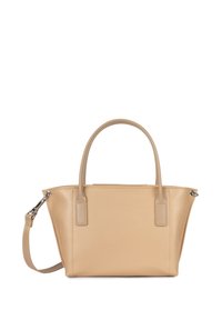 Sac fourre-tout en cuir beige avec une texture lisse, deux poignées supérieures et une bandoulière réglable. Présente une forme structurée et un design minimaliste.