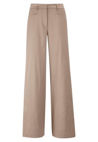 Beige wijde broek met een gladde textuur, zijzakken en een aansluitende tailleband. Het ontwerp heeft een klassieke snit en strakke lijnen.