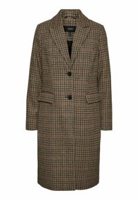 Hnědý károvaný kabát s klopovým límcem, dvěma předními kapsami, zapínáním na jeden knoflík a upraveným střihem. Hladká textura s pevným designem.