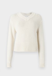 Pulover tricotat de culoare crem, cu decolteu în V, margine cu dungi rib și mâneci lungi. Fabricat dintr-un material texturat, având o siluetă boxy.