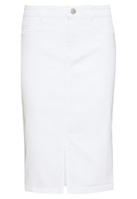 Bílá džínová tužková sukně s předním rozparkem, dvěma předními kapsami a zapínáním na kovový knoflík. Střední délka s hladkou texturou.