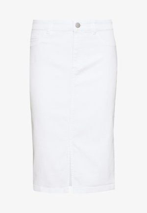 Falda lápiz de mezclilla blanca con una abertura frontal, dos bolsillos delanteros y cierre con botón metálico. De longitud media y textura suave.