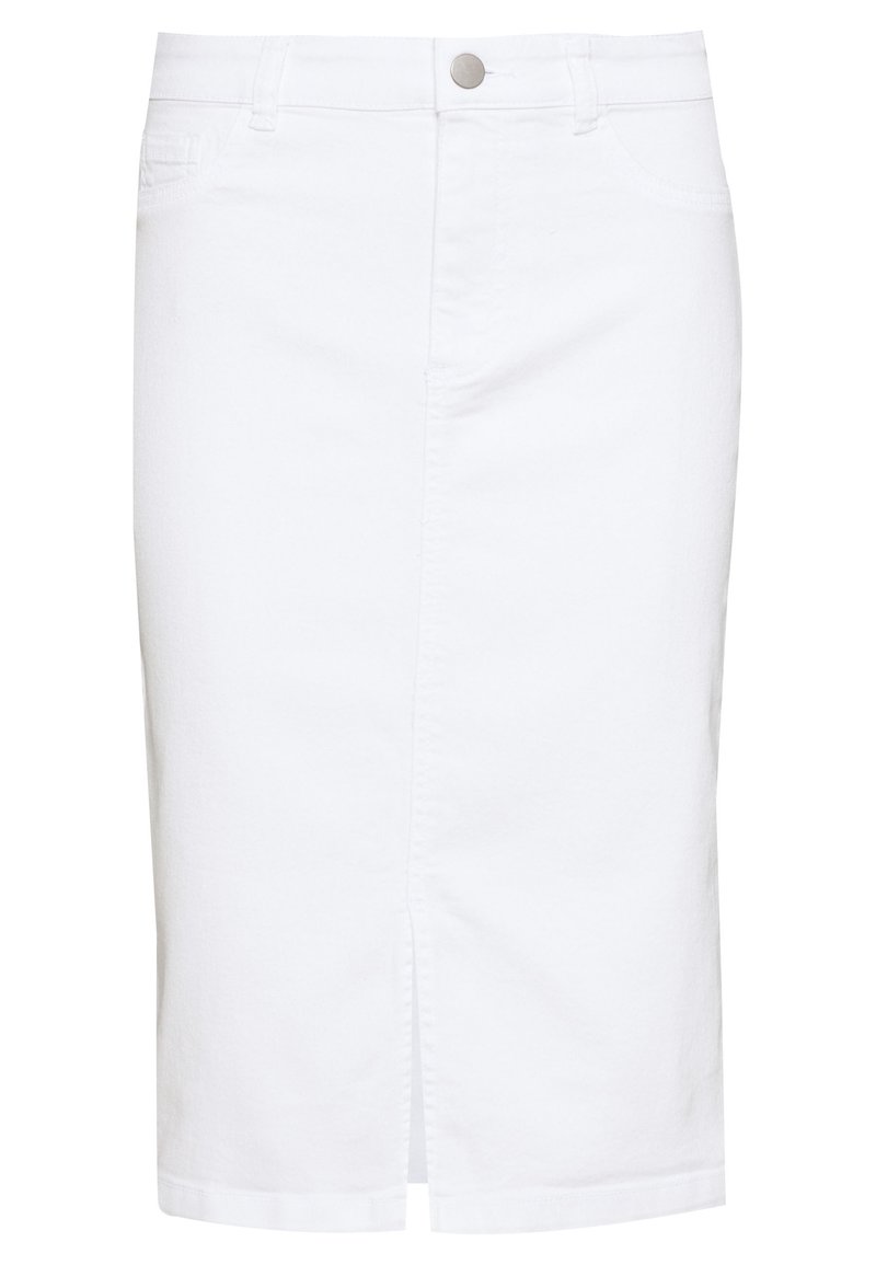 Valkoinen denimhame, jossa on edessä halkio, kaksi etutaskua ja metallinen napin suljenta. Puolipitkä, sileä tekstuuri.