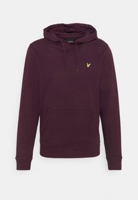Sudadera burdeos hecha de tejido suave, con un bolsillo canguro, capucha ajustable con cordón y un pequeño logotipo amarillo.