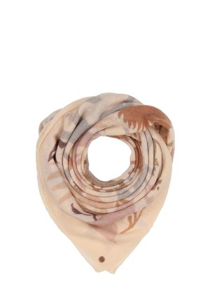 Scarf leggero nelle tonalità del beige, con un motivo floreale. Texture morbida e forma triangolare, con un piccolo dettaglio del logo nell'angolo.