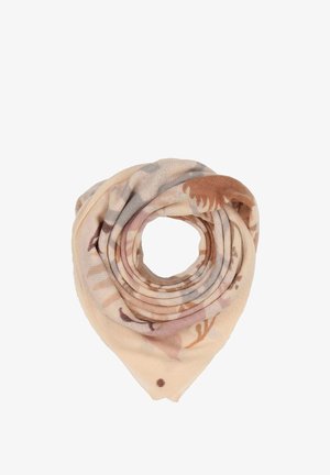 Fular ușor în nuanțe de bej, cu un model floral. Textură moale și formă triangulară, cu un mic detaliu de logo în colț.