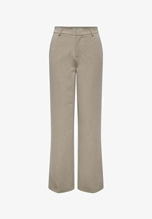 Pantaloni beige a vita alta realizzati in tessuto morbido, con un design a gamba dritta, tasche frontali e una leggera piega centrale.