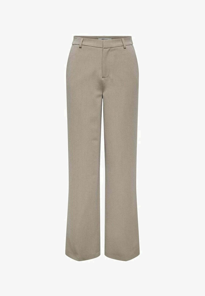 Pantalons beiges taille haute en tissu lisse, avec une coupe droite, dotés de poches avant et d'un pli subtil au centre.