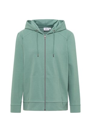 Hellgrüner Reißverschluss-Hoodie aus weichem Stoff, mit Kapuze, Fronttaschen und gerippten Bündchen. Einfaches Design ohne Muster oder Akzente.